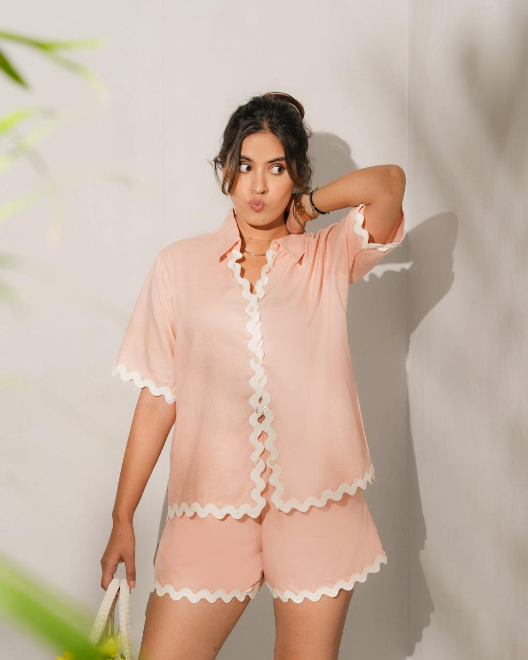 Bahaar Set - Peach Lace Oversized Shirt & Shorts Co-ord