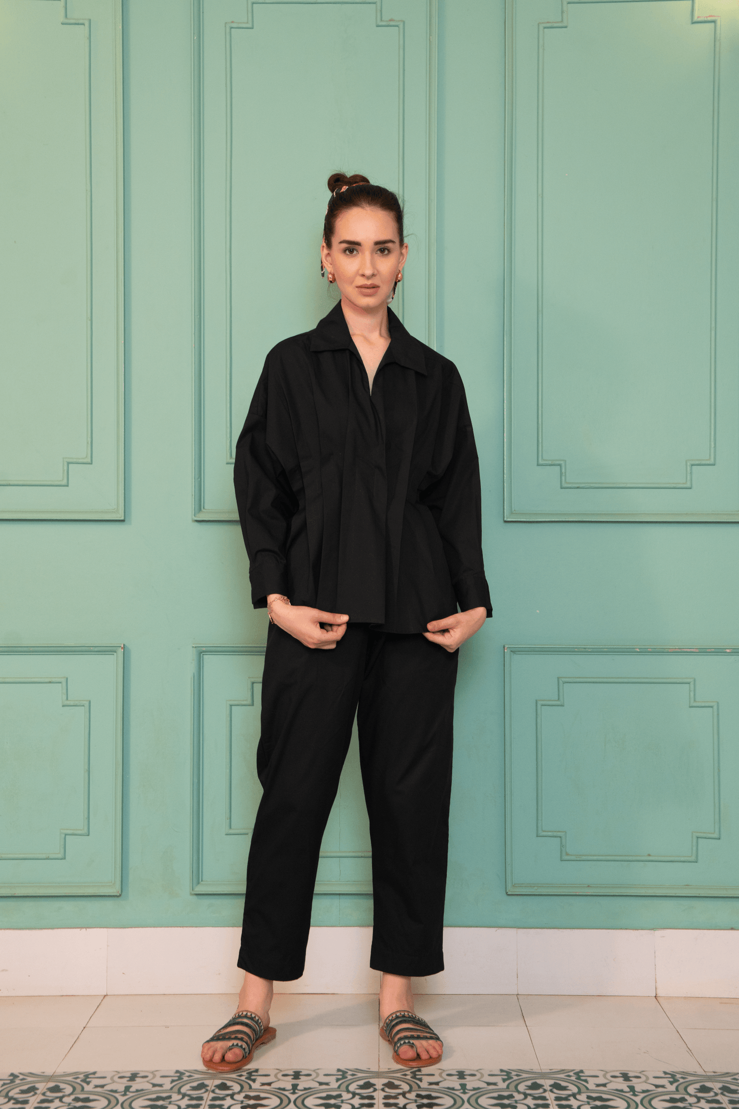 Celeste Set - Black Pleated Oversized Top & Pants Co-ord